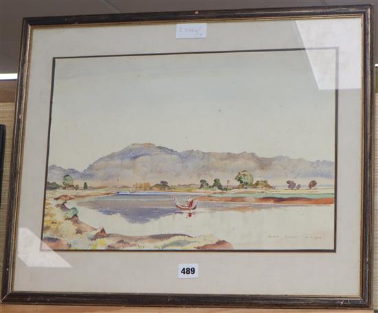 Norman Ellison, watercolour, Boatmen on a river, signed and dated 1945, 32 x 47cm